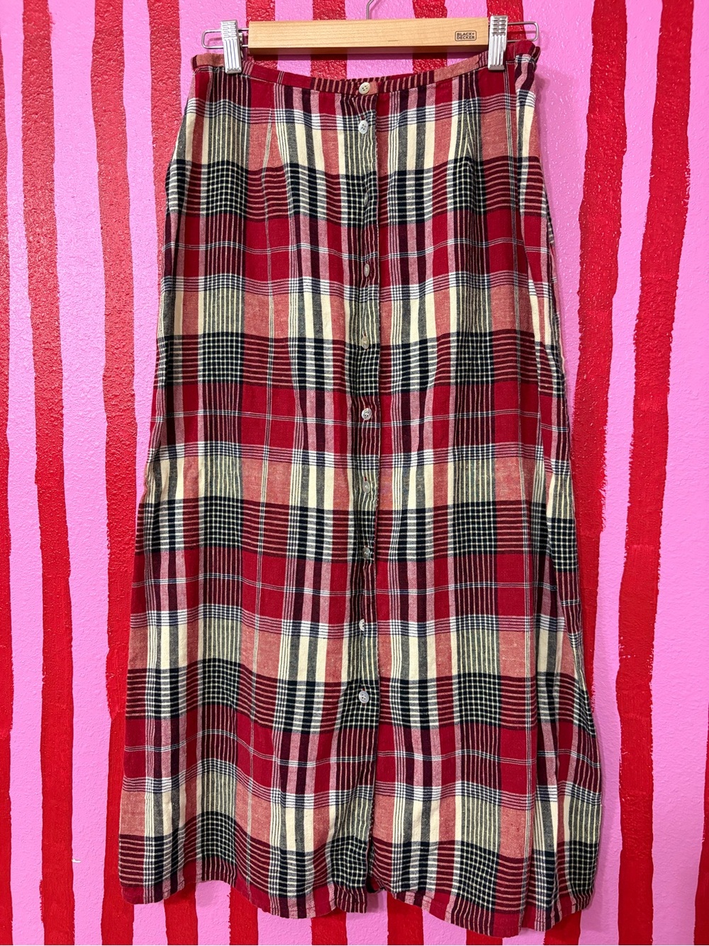 Emma James Red Plaid Button-Front Maxi Skirt